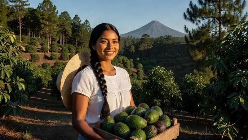 Productrice mexicaine souriante tenant une caisse d'avocats Hass fraîchement cueillis dans un verger en pente, volcans et forêt de pins en arrière-plan