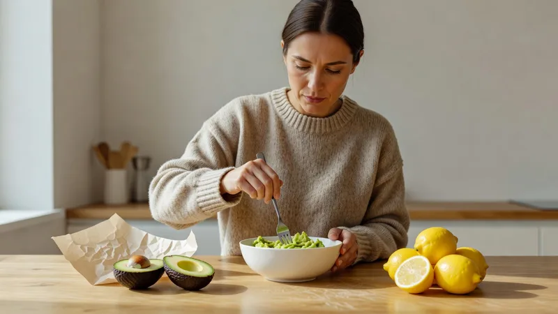 Femme en pull de laine écrasant de l'avocat avec une fourchette dans un bol, à côté de moitiés d'avocat et de citrons sur un plan de travail de cuisine
