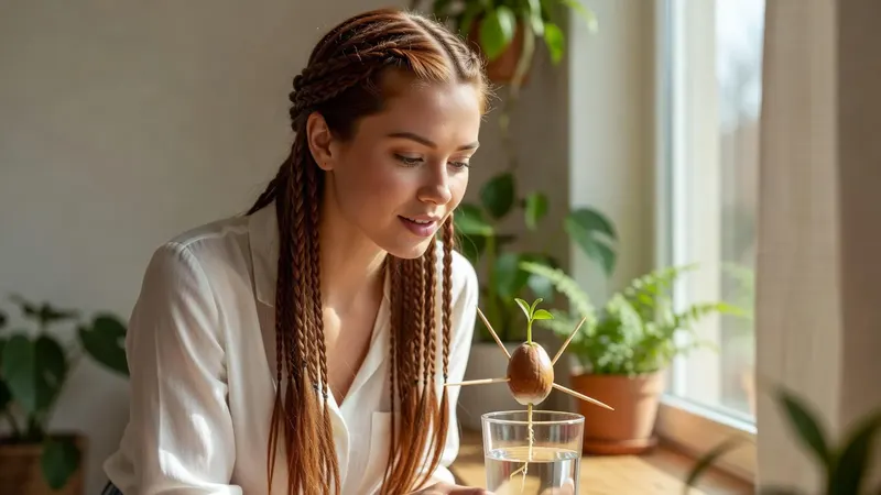 Jeune femme penchée sur un rebord de fenêtre ensoleillé, observant un noyau d'avocat germé suspendu par des cure-dents au-dessus d'un verre d'eau