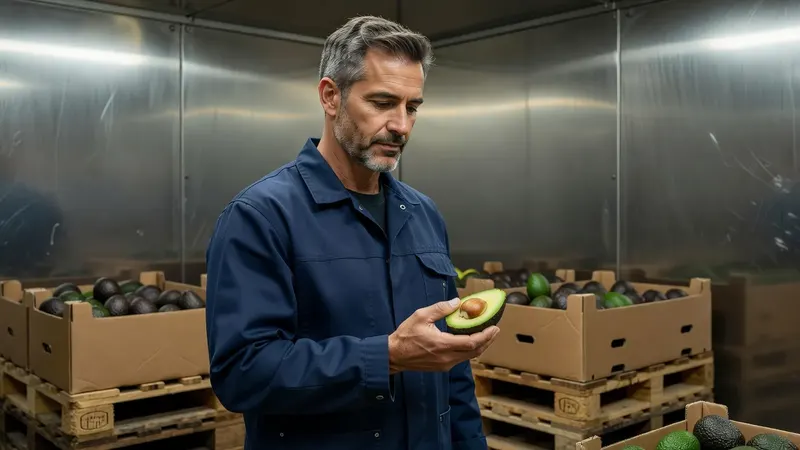 Un mûrisseur en veste de travail vérifie la fermeté d'un avocat Hass devant des palettes de cartons dans une chambre de mûrissage